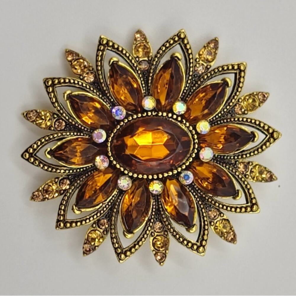 Classic Style Floral Brooch Amber Rhinestones and Faux Jewels on Gold Tone Metal